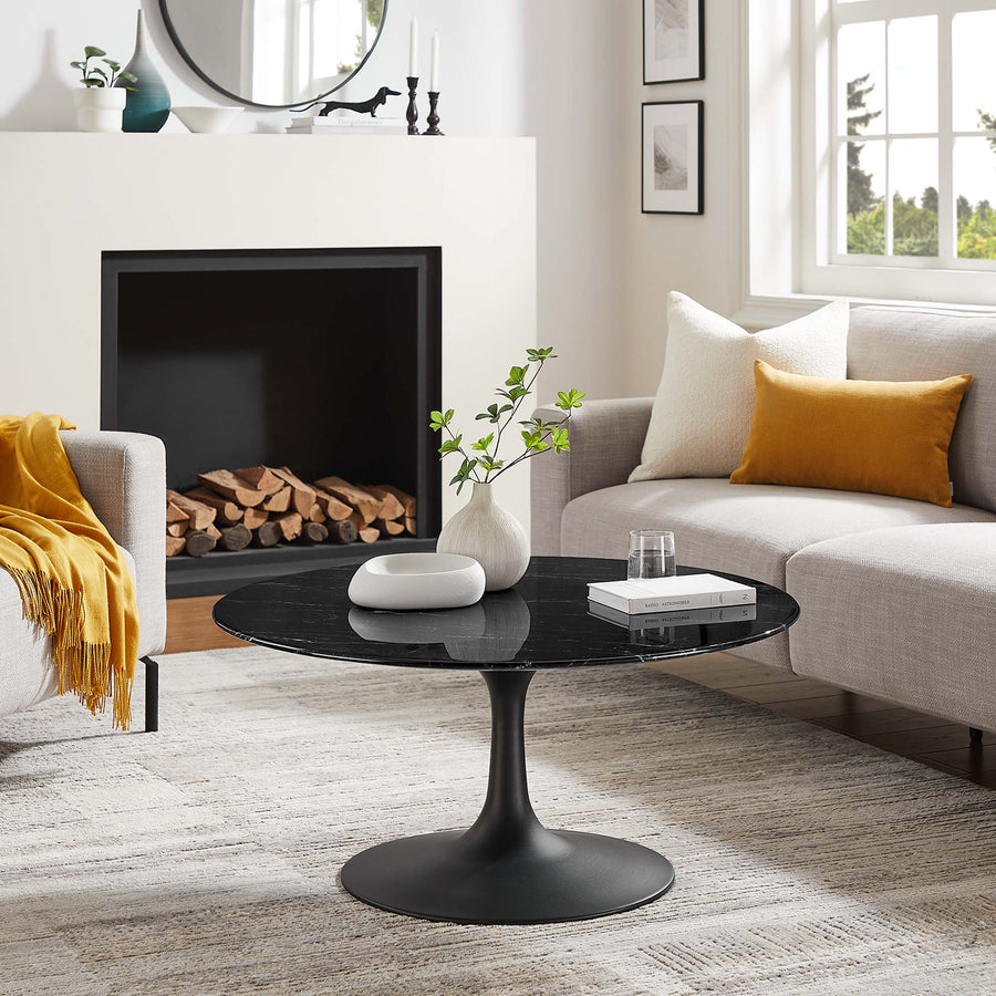 Lumen 36" Round Faux Marble Coffee Table in Black Black