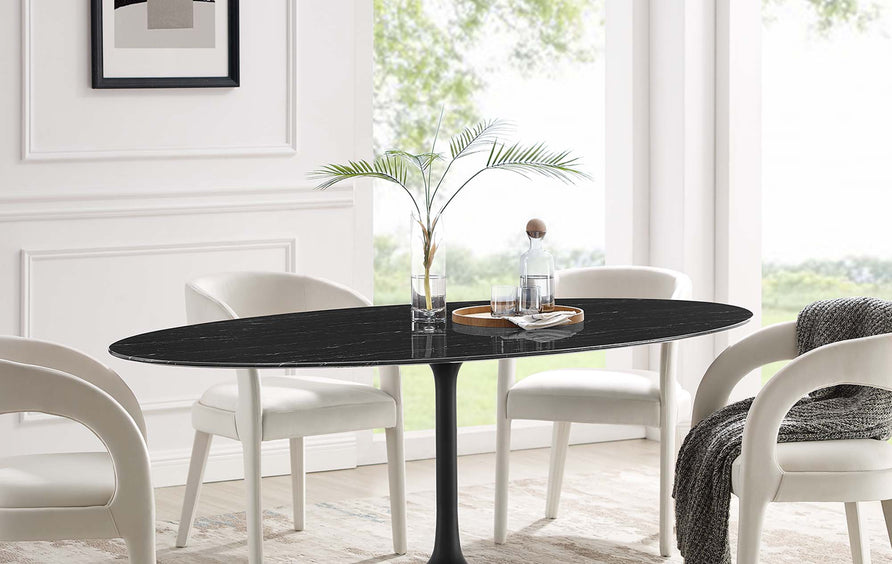 Lumen 78" Oval Faux Marble Dining Table in Black Black