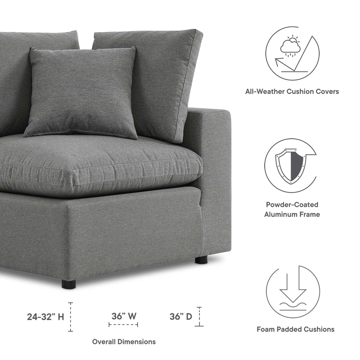 Commix Overstuffed Outdoor Patio Corner Chair in Charcoal
