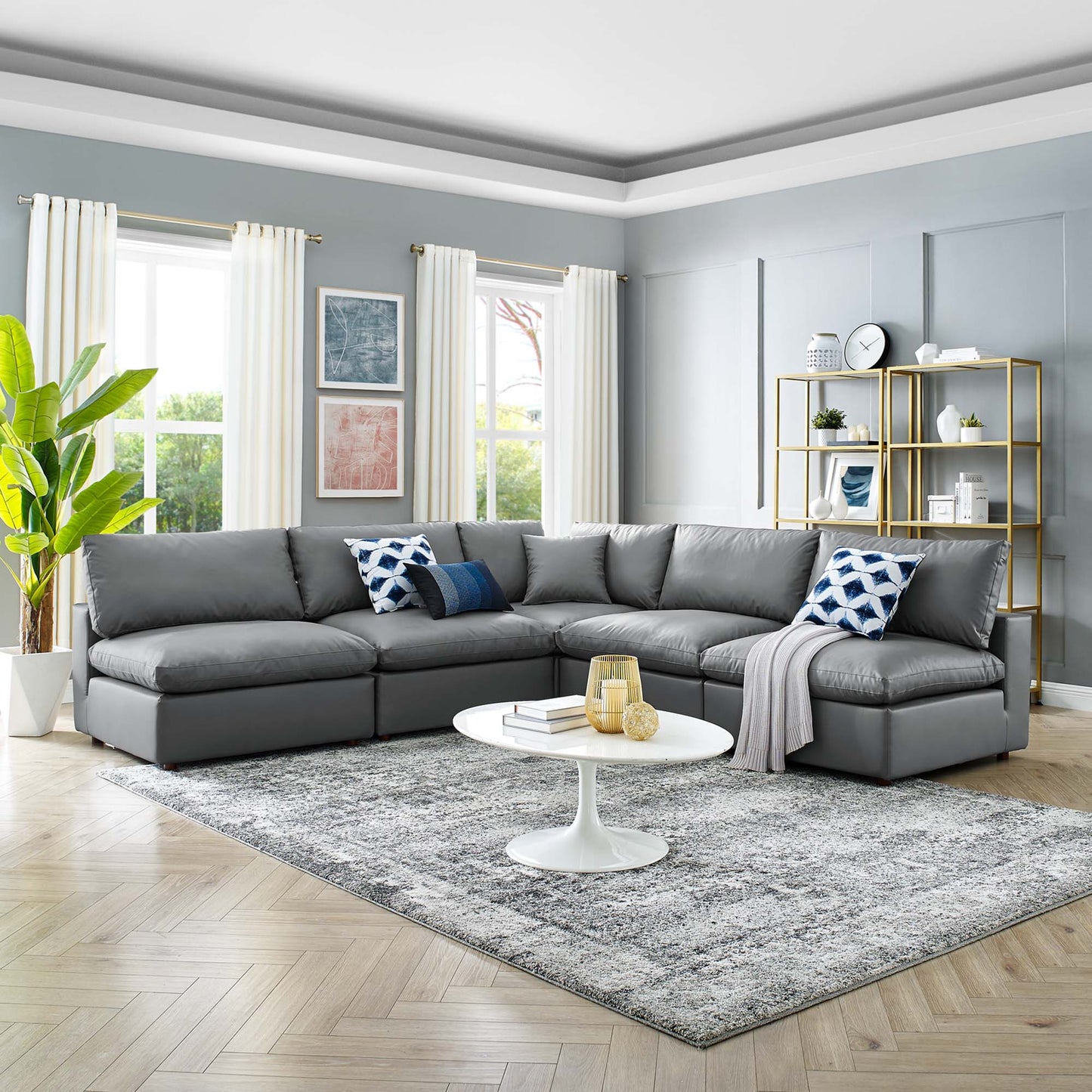 Commix 5-Piece Down Filled Overstuffed Vegan Leather Sectional Sofa by Furniture for America