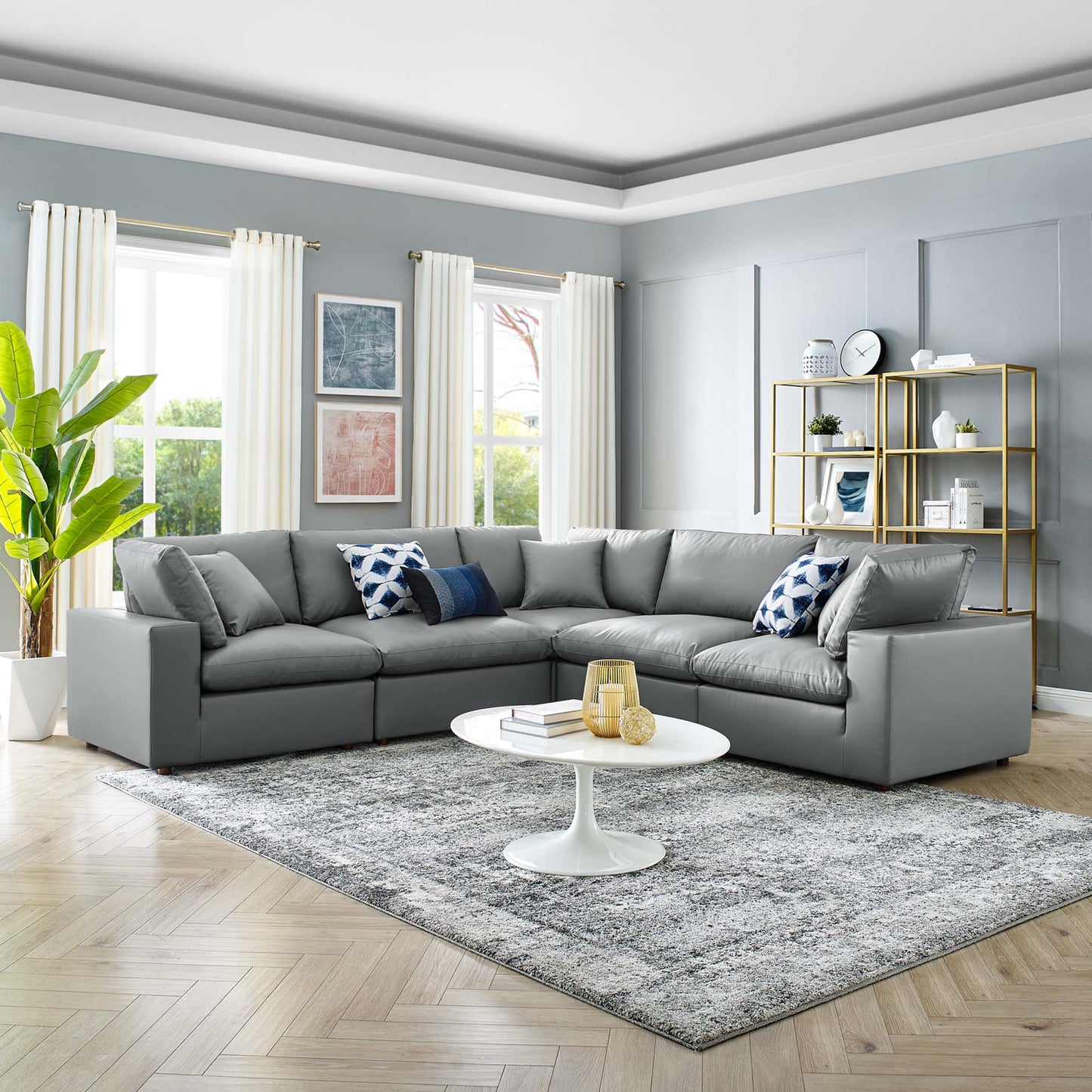 Commix 5-Piece Down Filled Overstuffed Vegan Leather Sectional Sofa by Furniture for America