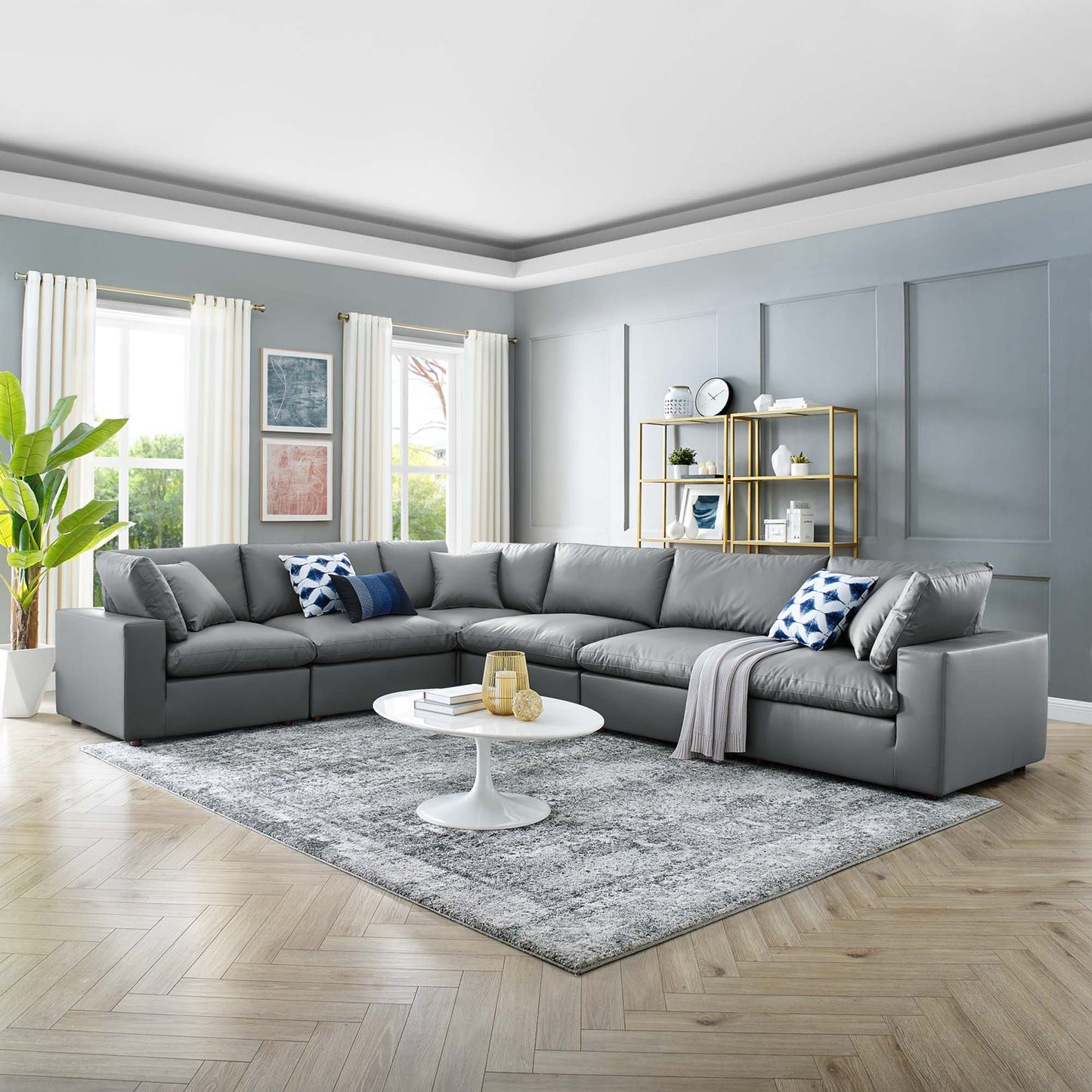 Commix 6-Piece Down Filled Overstuffed Vegan Leather Sectional Sofa by Furniture for America