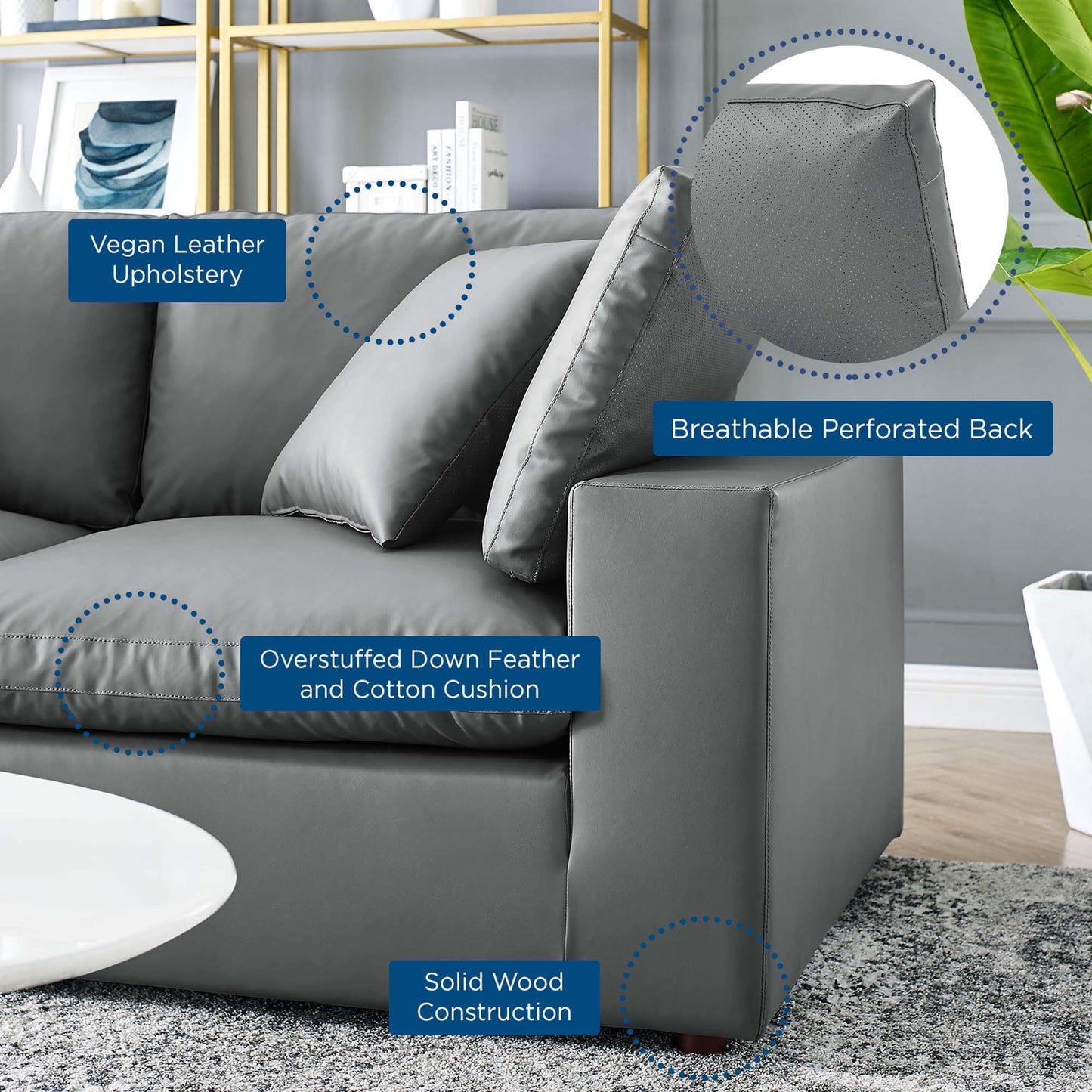 Commix 6-Piece Down Filled Overstuffed Vegan Leather Sectional Sofa by Furniture for America