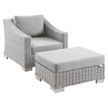 Conway 2-Piece Outdoor Patio Wicker Rattan Armchair and Ottoman Set in Light Gray Gray
