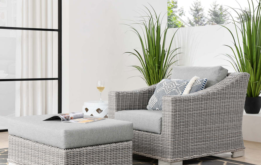 Harlow 2-Piece Outdoor Patio Wicker Rattan Armchair and Ottoman Set in Light Gray Gray