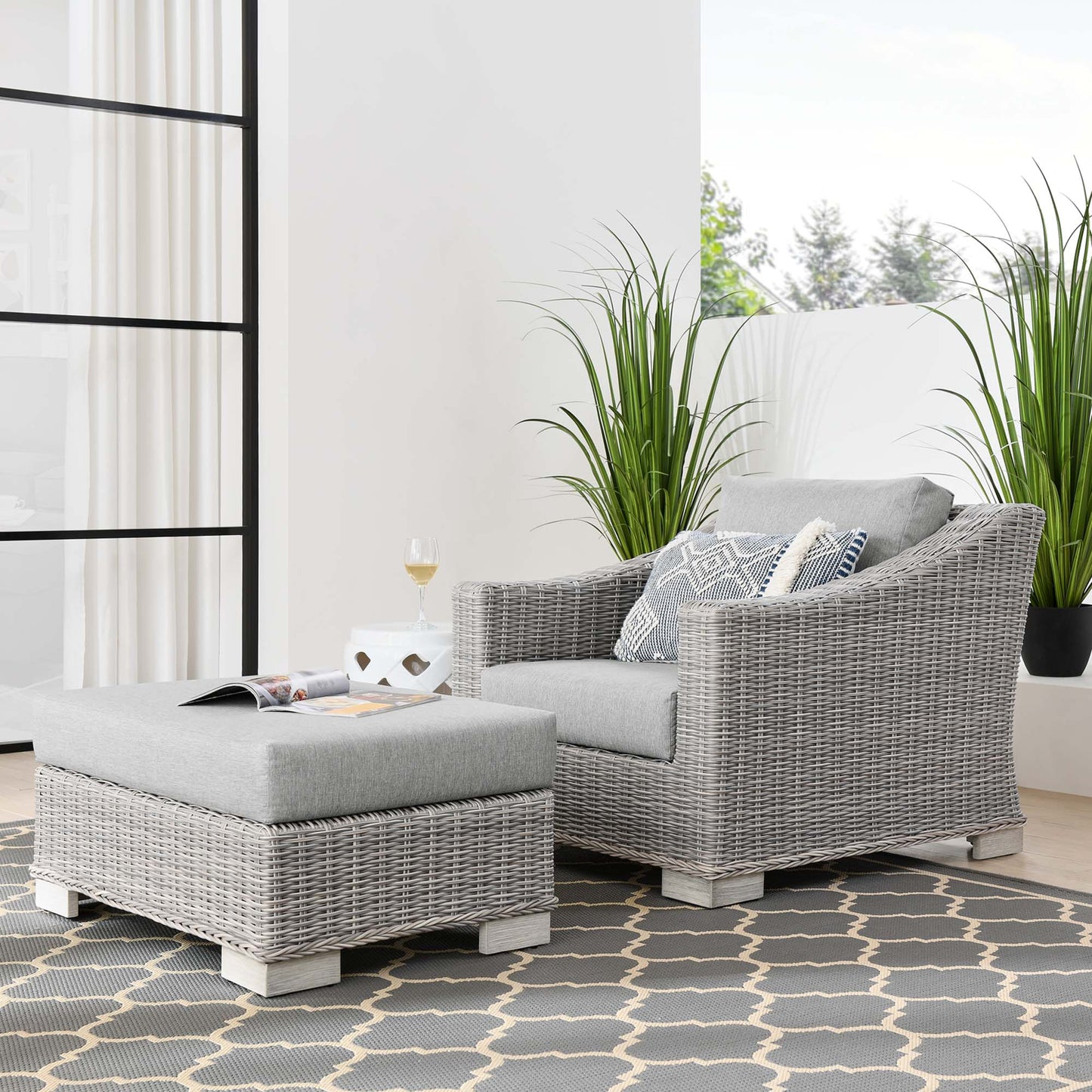 Conway 2-Piece Outdoor Patio Wicker Rattan Armchair and Ottoman Set by Furniture For America