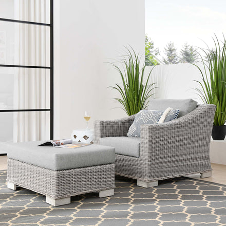 Conway 2-Piece Outdoor Patio Wicker Rattan Armchair and Ottoman Set in Light Gray Gray