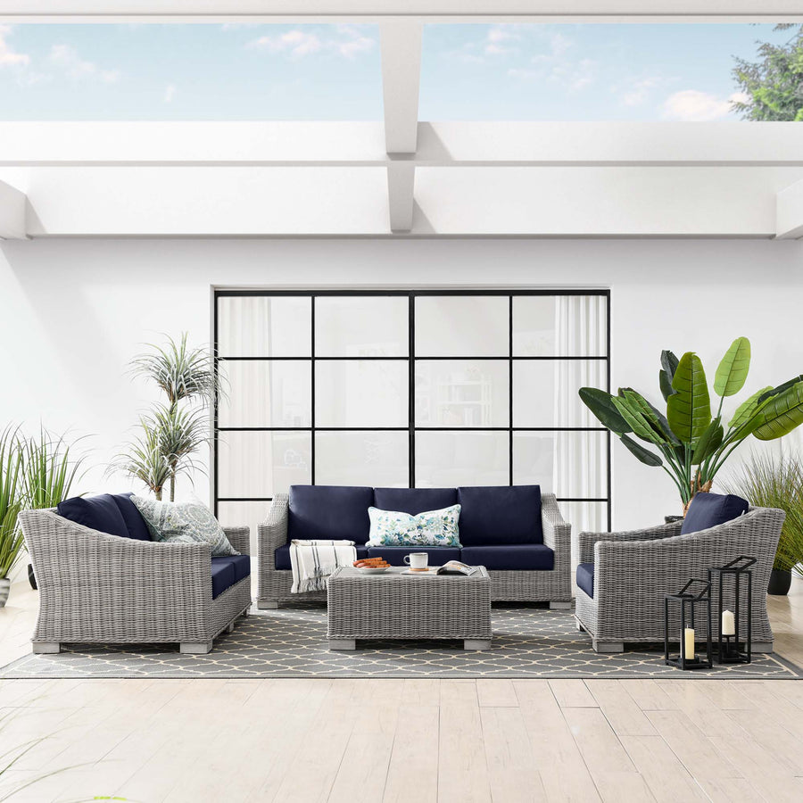Harlow 4-Piece Outdoor Patio Wicker Rattan Furniture Set in Light Gray Navy