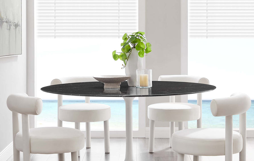 Lumen 60" Round Faux Marble Dining Table in White Black