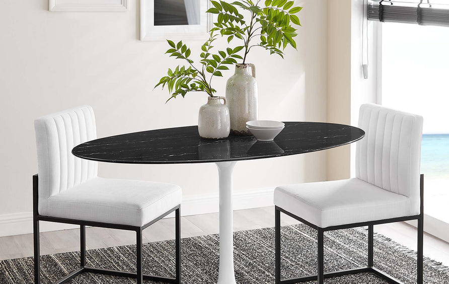 Lumen 54" Oval Faux Marble Dining Table in White Black