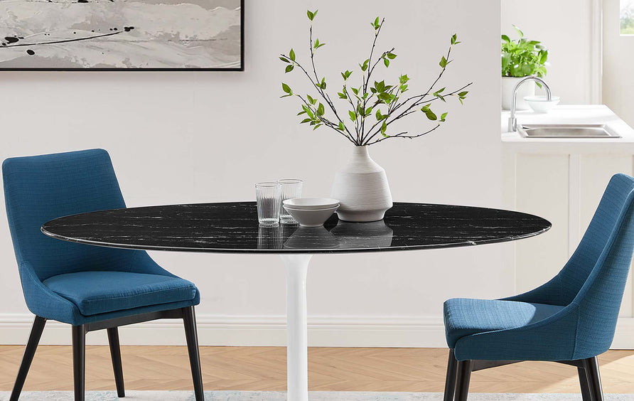 Lumen 60" Oval Faux Marble Dining Table in White Black