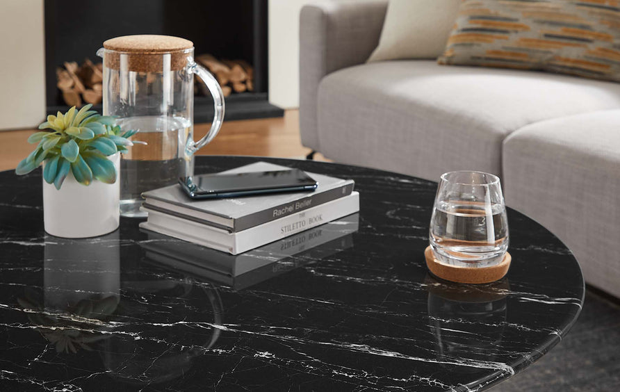 Lumen 36" Round Faux Marble Coffee Table in White Black