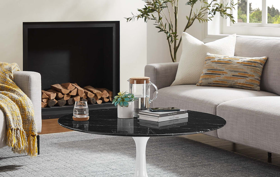 Lumen 36" Round Faux Marble Coffee Table in White Black