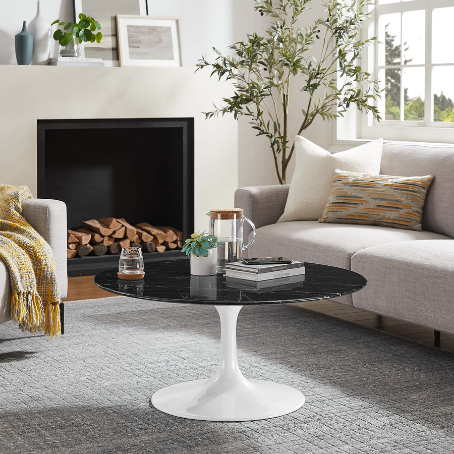 Lumen 36" Round Faux Marble Coffee Table in White Black
