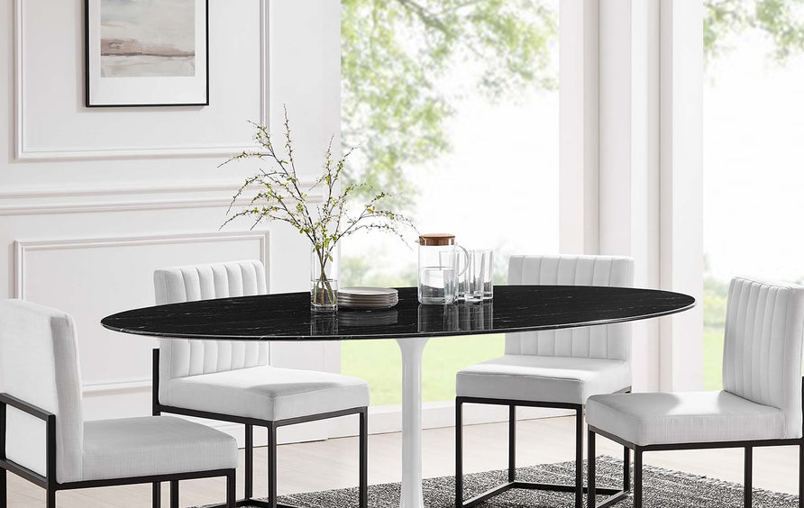 Lumen 78" Oval Faux Marble Dining Table in White Black
