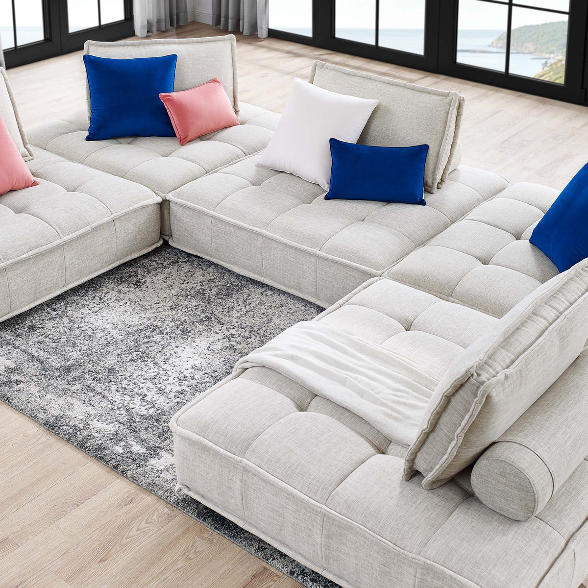 Saunter 5-Piece Tufted Fabric Fabric Sectional Sofa in Beige