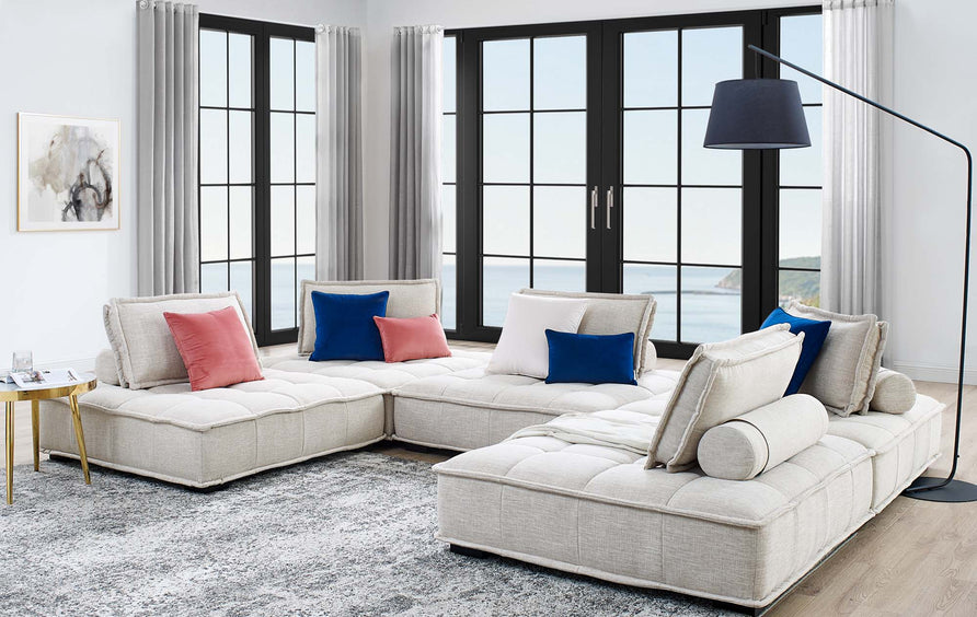 Parlor 5-Piece Tufted Fabric Fabric Sectional Sofa in Beige