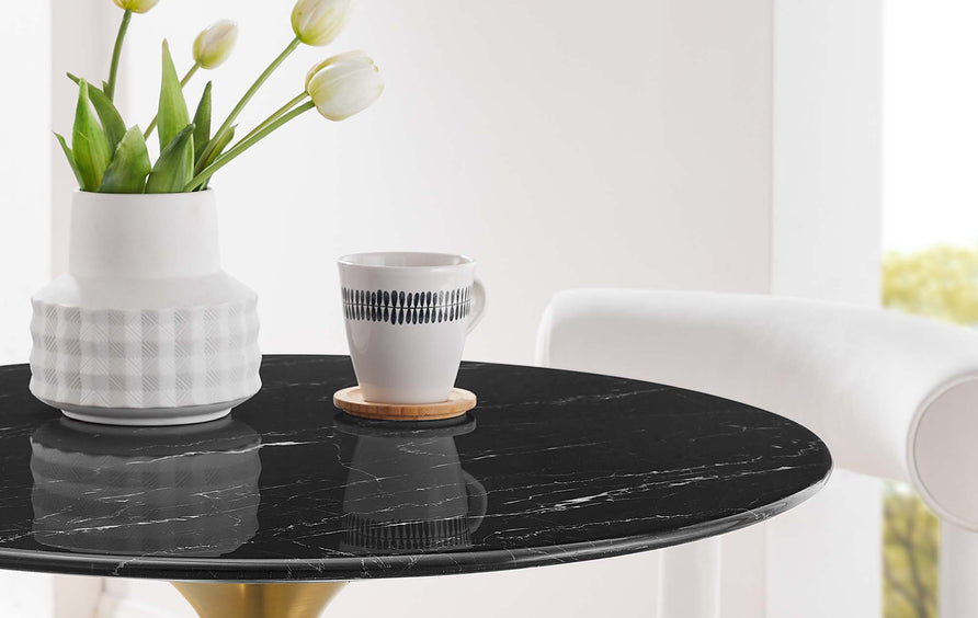 Lumen 28" Round Faux Marble Dining Table in Gold Black