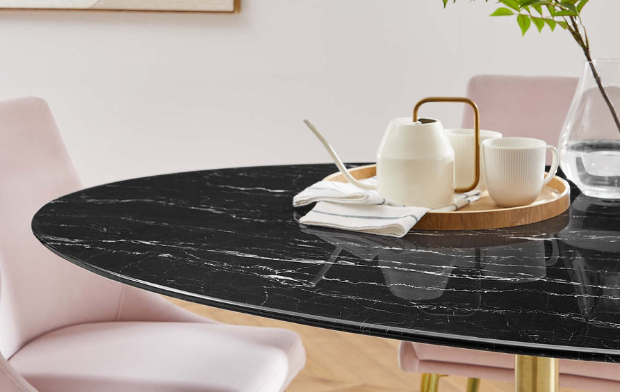 Lumen 60" Oval Faux Marble Dining Table in Gold Black