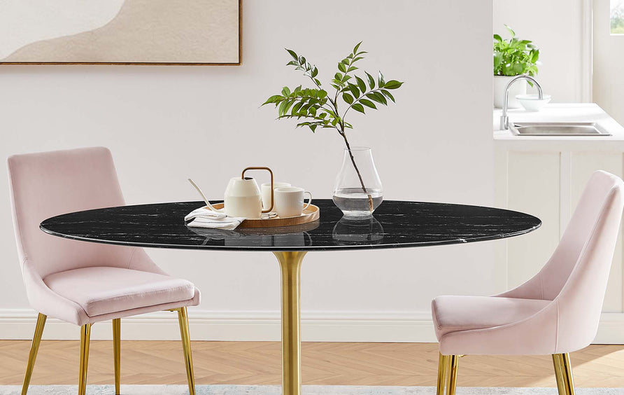 Lumen 60" Oval Faux Marble Dining Table in Gold Black