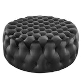 Alder Tufted Button Large Round Performance Velvet Ottoman in Black