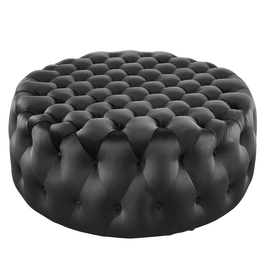 Alder Tufted Button Large Round Performance Velvet Ottoman in Black