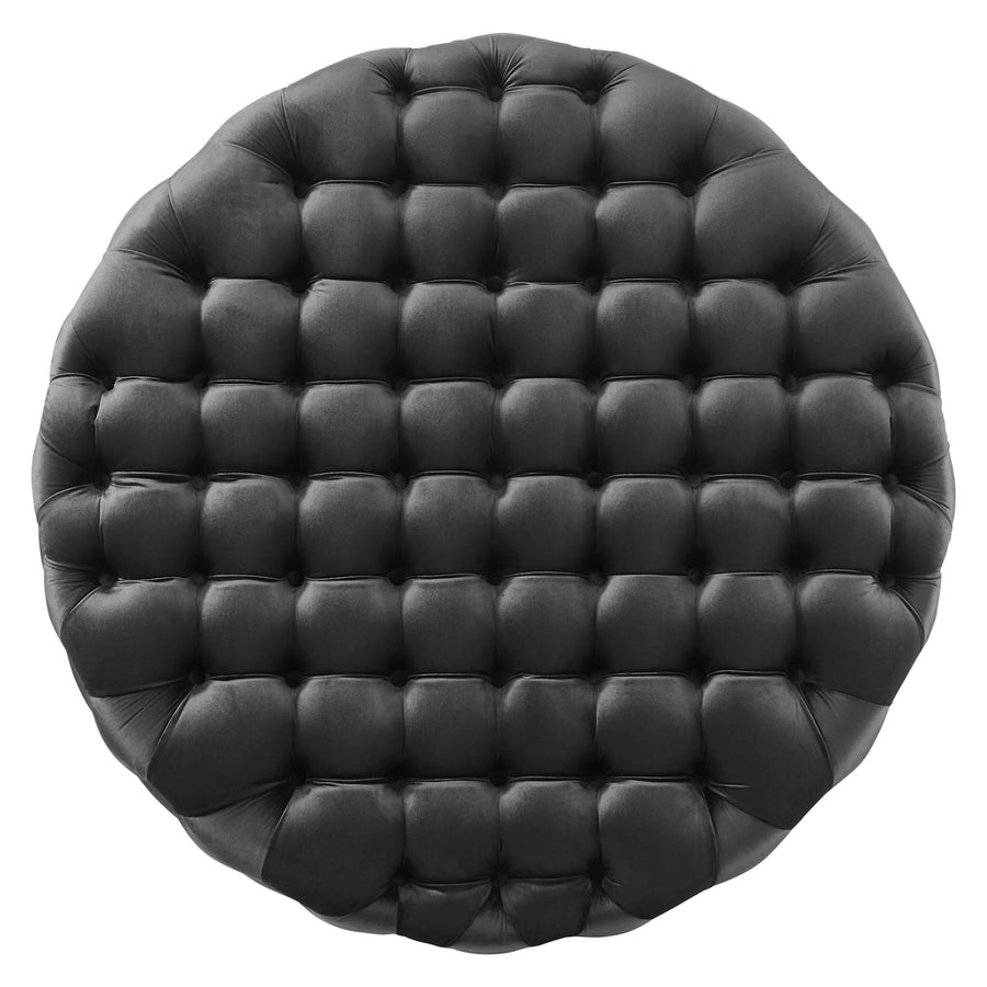 Alder Tufted Button Large Round Performance Velvet Ottoman in Black