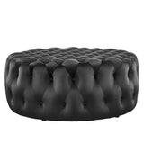 Alder Tufted Button Large Round Performance Velvet Ottoman in Black