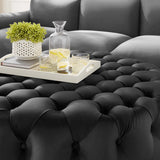Alder Tufted Button Large Round Performance Velvet Ottoman in Black