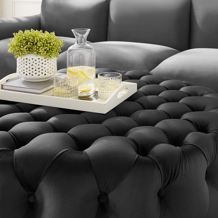 Alder Tufted Button Large Round Performance Velvet Ottoman in Black