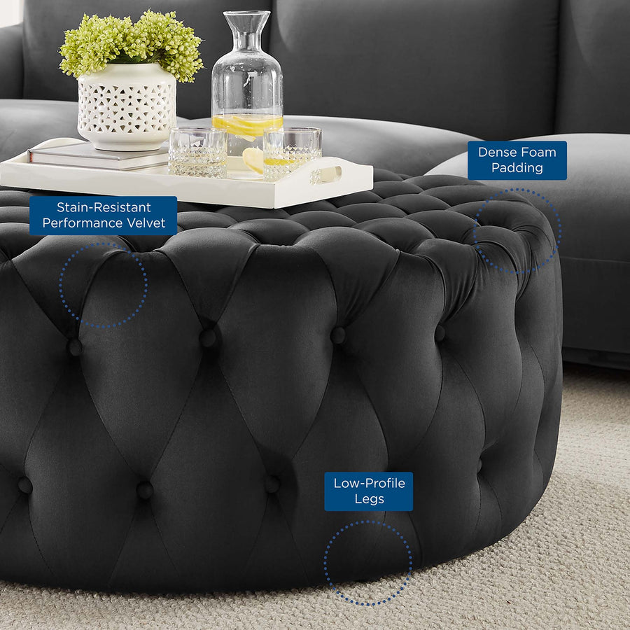Alder Tufted Button Large Round Performance Velvet Ottoman in Black