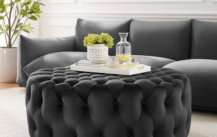 Alder Tufted Button Large Round Performance Velvet Ottoman in Black