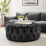 Alder Tufted Button Large Round Performance Velvet Ottoman in Black