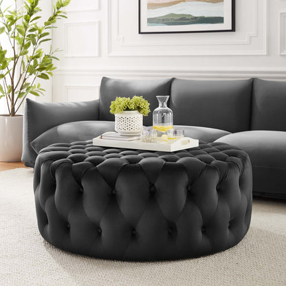Amour Tufted Button Large Round Performance Velvet Ottoman by Furniture For America