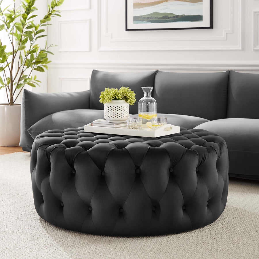 Alder Tufted Button Large Round Performance Velvet Ottoman in Black