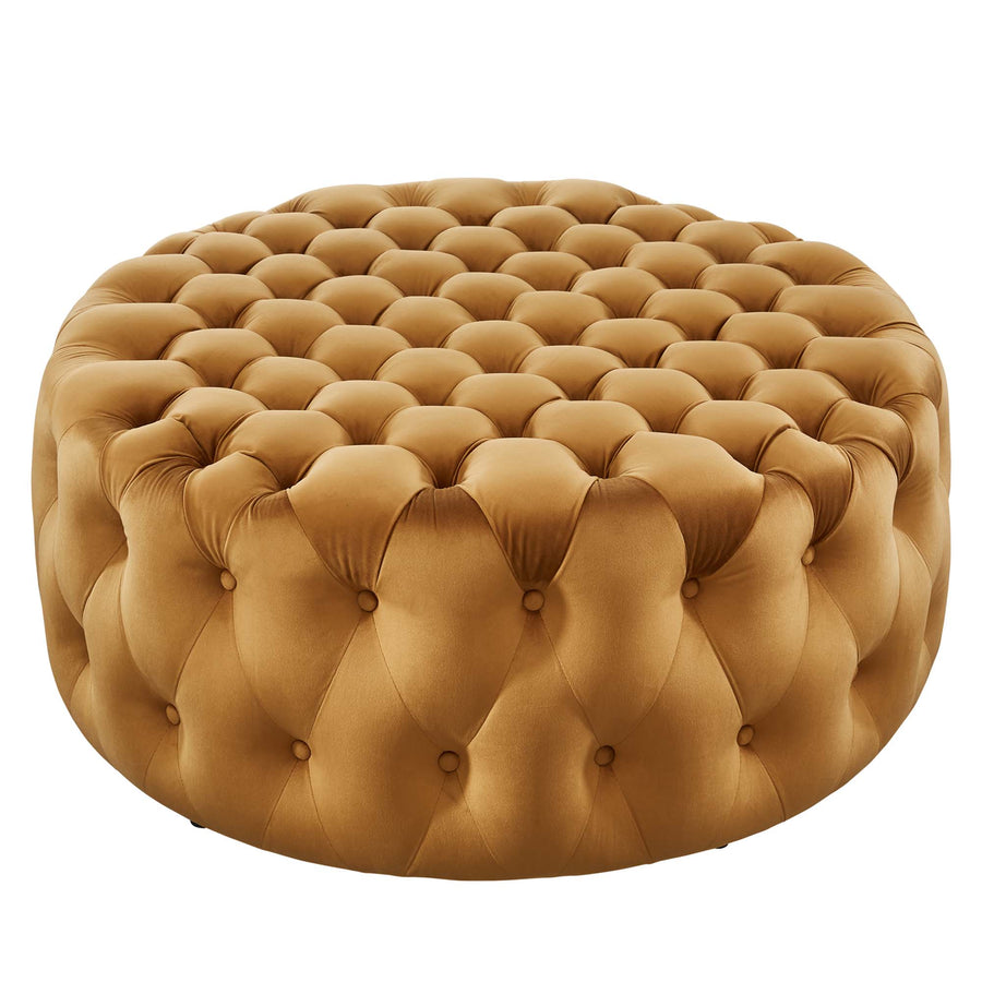 Alder Tufted Button Large Round Performance Velvet Ottoman in Cognac