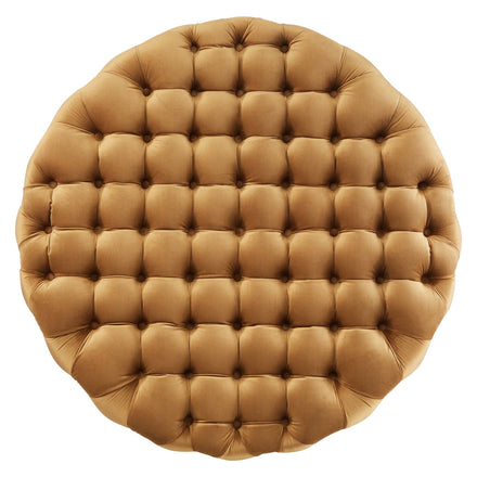Amour Tufted Button Large Round Performance Velvet Ottoman in Cognac