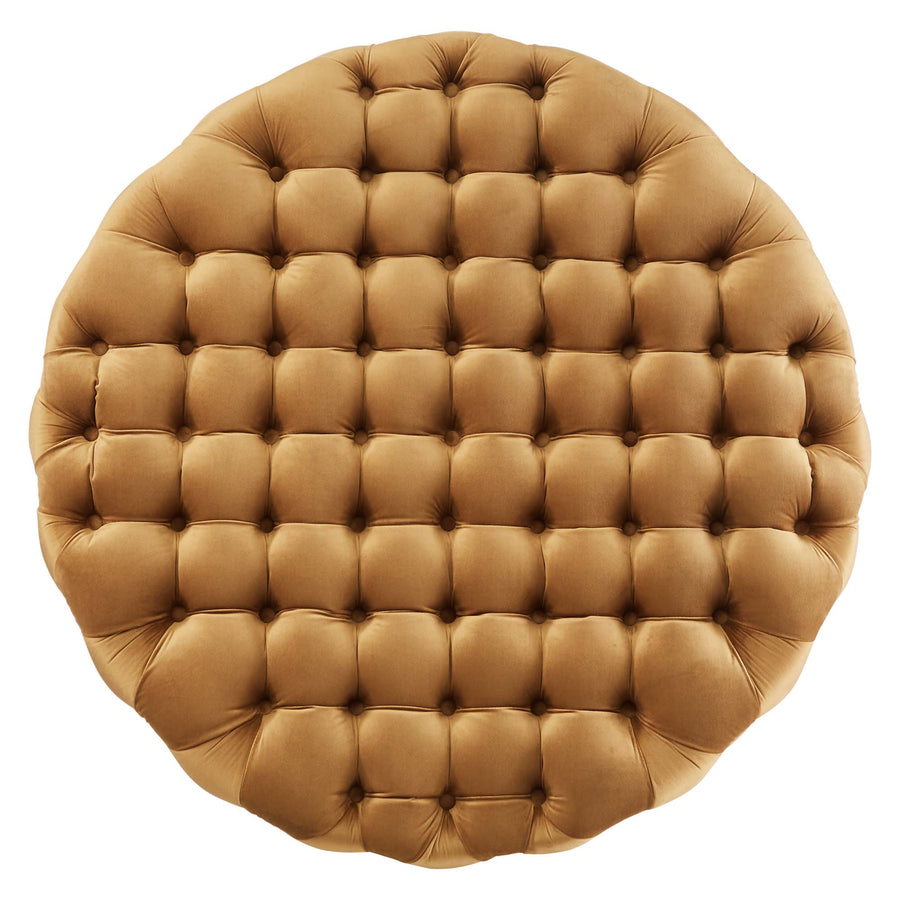 Alder Tufted Button Large Round Performance Velvet Ottoman in Cognac
