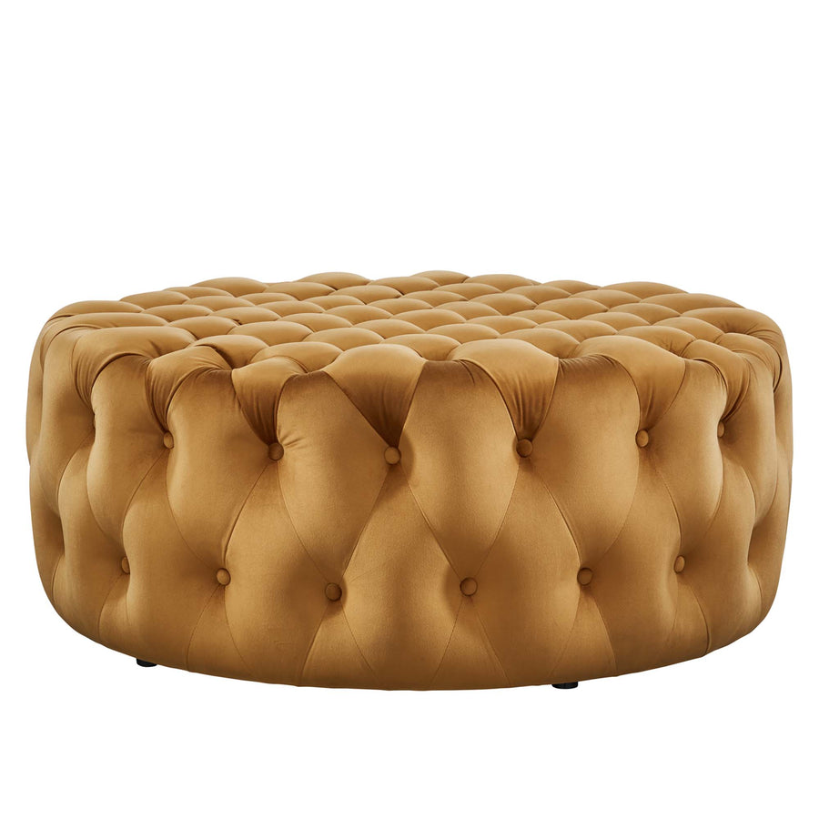 Alder Tufted Button Large Round Performance Velvet Ottoman in Cognac