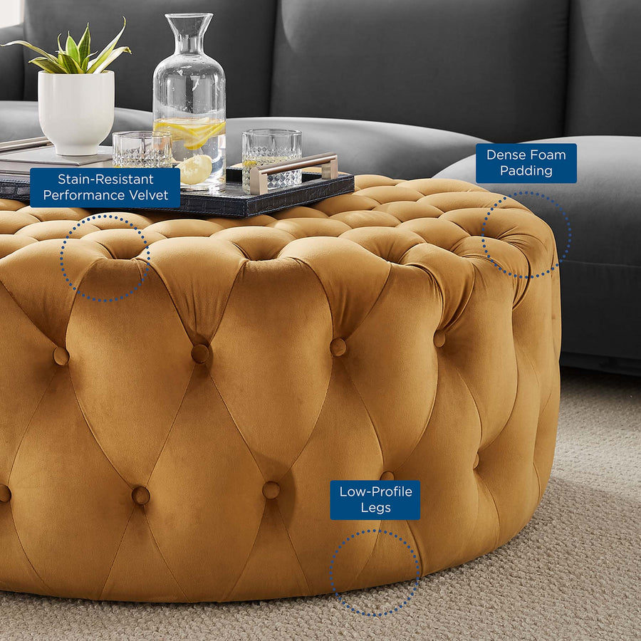 Alder Tufted Button Large Round Performance Velvet Ottoman in Cognac