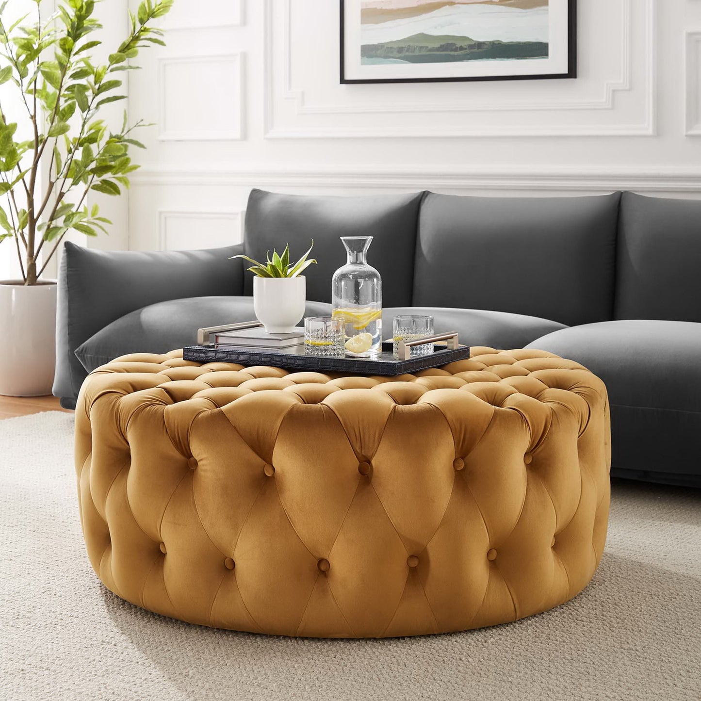Amour Tufted Button Large Round Performance Velvet Ottoman by Furniture For America