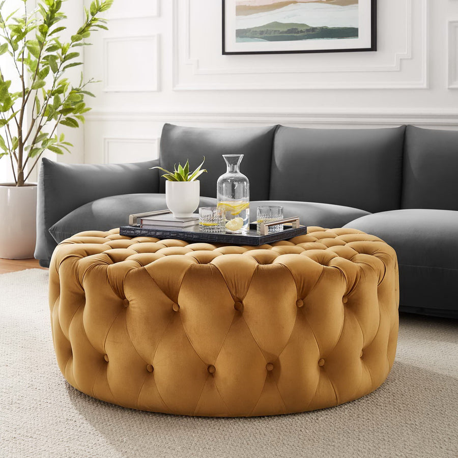 Alder Tufted Button Large Round Performance Velvet Ottoman in Cognac