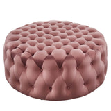 Alder Tufted Button Large Round Performance Velvet Ottoman in Dusty Rose