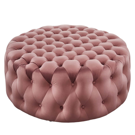 Amour Tufted Button Large Round Performance Velvet Ottoman in Dusty Rose
