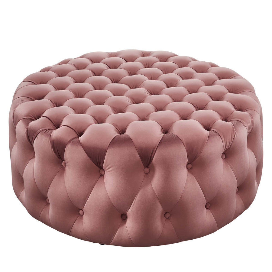 Alder Tufted Button Large Round Performance Velvet Ottoman in Dusty Rose