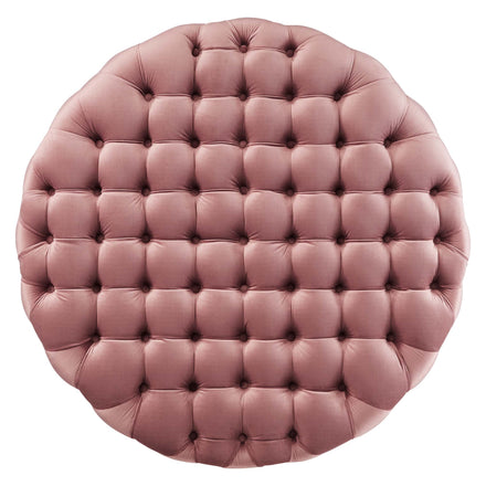 Amour Tufted Button Large Round Performance Velvet Ottoman in Dusty Rose