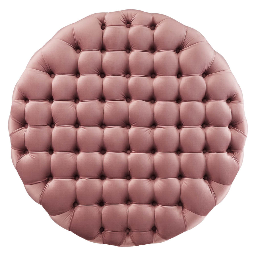 Alder Tufted Button Large Round Performance Velvet Ottoman in Dusty Rose