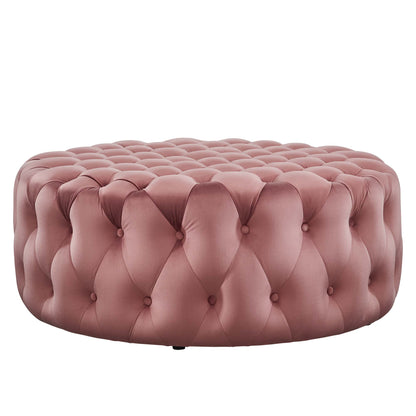 Amour Tufted Button Large Round Performance Velvet Ottoman by Furniture For America