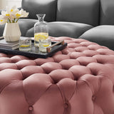 Alder Tufted Button Large Round Performance Velvet Ottoman in Dusty Rose