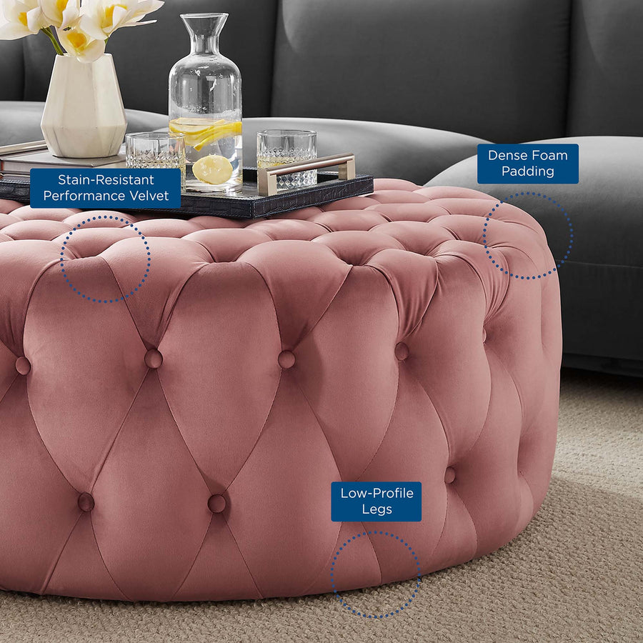 Alder Tufted Button Large Round Performance Velvet Ottoman in Dusty Rose